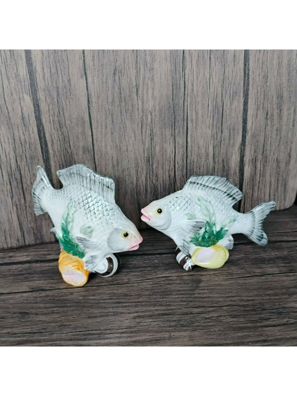 Vintage 1992 Fitz and Floyd Fish Market Salt and Pepper Shakers, Ceramic White